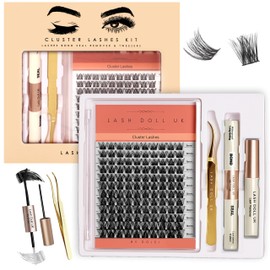 Classic Wide Stem Lash Extension Kit- Individual Clusters, 260 pcs, DIY, 10D, 20D, 30D, 40D 8-16mm, D Curl, Spoolie Brush, Personal Home Use & Professional (100d Cluster Lash Kit)
