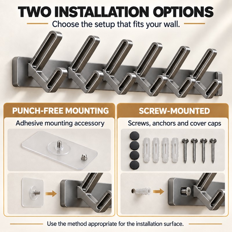 No-Drill Aluminum Wall Hooks for Clothes & Towels – 6-Hook