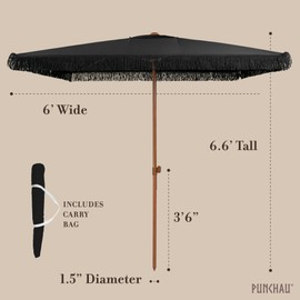 Punchau 6 Ft Square Fringe Patio Umbrella - Outdoor Umbrella for Patio, Pool, Table, Garden, Deck, & Beach - Fashionable Boho Vintage Tassels & Wood Print - Black