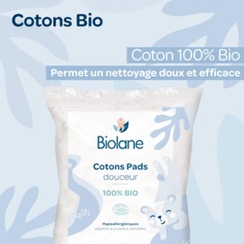 BIOLANE - Soft cotton pads - Baby - 100% organic - 150 cotton pads - Sensitive skin - Changing & Grooming - from birth - Made in France
