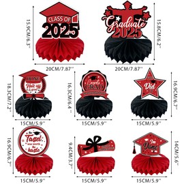 8 PCS Red Black Graduation Party Decorations Class of 2025 Congrats Grad Honeycomb Centerpieces Congratulate Graduation Table Toppers for Graduation Party Supplies (Red Black)