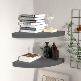Heemab Floating Corner Shelves Set, High Gloss Gray MDF, 13.8" x 13.8" x 1.5", Space-Saving Design