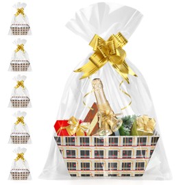 DEAYOU 6 Pack Baskets for Gifts Empty, Sturdy Kraft Basket with Bags and Pull Bows, Cardboard Market Tray with Handle, Paper Gift Baskets Kit To Fill for Easter, Christmas, Birthday, Wedding, 10" x 8"