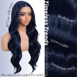 BrownBomb Dark Blue Synthetic Lace Front Wigs Body Wave Glueless Wigs With Bangs Pre Plucked Pre Cut HD Lace 13x5x1 Middle Part Wigs For Woman 26 Inch
