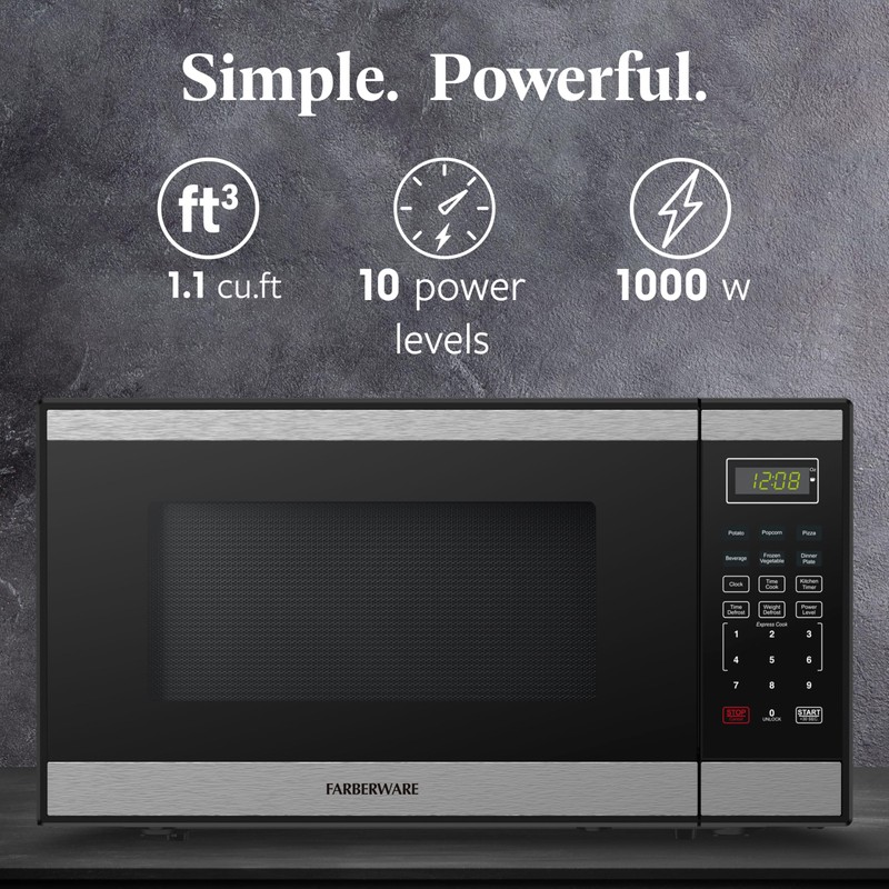 Farberware 1.1 Cu. Ft. Countertop Microwave Oven – 1000W Power,