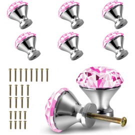 30mm Kitchen Cabinet Knobs Drawer Pull Handle Hardware, Crystal Clear Pink Glass Round Diamond Shape Dresser Closet Bi-fold Door Bathroom Cupboard Desk Nightstand Bookcase Furniture Drawer Knob, 8PCS