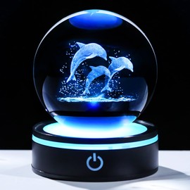 YWHL 3D Dolphin Figurine Crystal Ball with Colorful Light Base, Laser Dolphin Gifts for Women Men on Christmas Birthday, Glass Dolphins Statue Animal Collectible Decoration for Home Office (80mm)