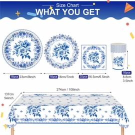 69Pcs Chinese Blue and White Theme Floral Party Tableware Set,Chinoiserie 7inch 9inch Plates and Napkins Cups Table Cloth Sets for Garden Party, Afternoon Tea, Baby Shower, Wedding,Birthday Decor
