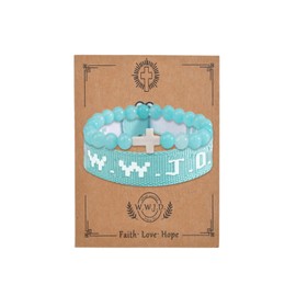 COLORFUL BLING 2Pcs Set Natural Healing Stone WWJD Cross Rope Woven Beaded Strand Adjustable Bracelet with Meaningful Card Inspirational for Women Jewelry What Would Jesus Do Woven Faith-Green