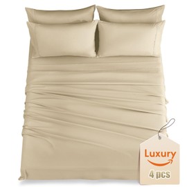 Luxury Silky Soft Bed Sheet Set, 4 Piece,Twin Size, Fits 16 inch Deep Pocket Mattresses, Wrinkle Free & Breathable Cooling, Beige Bedding Sheets (Fitted Sheet, Flat Sheet, Pillowcases)
