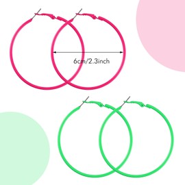 4 Pairs 80s Earrings for Women Girls, 4 Color 90s Retro Neon Hoop Party Dangle Earrings Accessories for Women Colorful Big Hoop Earrings 80s Statement Earrings(6cm, Green Yellow Red Rose)