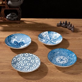 TJ Global Set of 4 Japanese Pottery Ceramic 6.8 Inch Plates for Any Meal and Dish, Japanese Dinnerware and Tableware with Traditional Blue Design