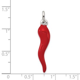 925 Sterling Silver Men's Red Enamel Cornicello Italian Horn Protection Pendant Charm - 33mm x 7mm