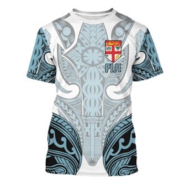 BJU - playera deportiva con cuello redondo y estampado de la bandera de Fiji para hombres y mujeres, Azul, M