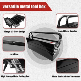 YATOINTO Metal Cantilever Tool Box, 21" Fold Out Steel Tool Box with Handle 3-Tier 5 Tray, Portable Metal Tool Storage Box Organizers for Home Studio Auto Repair Factory