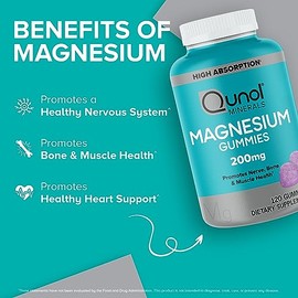 Qunol Qunol Magnesium Gummies for Adults, 200mg Elemental Magnesium (from 1,750mg Magnesium Citrate), High Absorption Magnesium Supplement, Supports Nerve, Bone and Muscle Health, Vegetarian, 120 Count