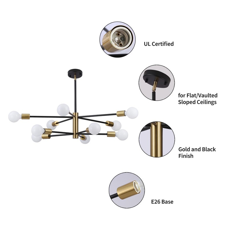 AMMACX Modern Sputnik Chandelier-Black and Gold Ceiling Light Fixture, Mid