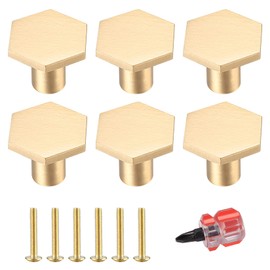 6 Pcs Brass Cabinet Door Knob, Hexagonal Gold Kitchen Door Knobs, Drawer Pulls Door Handles, Furniture Cupboard Drawer Cupboard Dresser Handles and Knobs, with Screws and Screwdriver