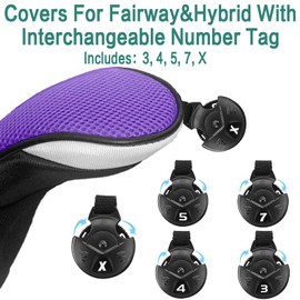Golf Club Head Covers for Woods and Driver Hybrids Fairway 2 Pack Protective Clubs Headcovers with Interchangeable No.Tags 1 3 5 (2 Pack-Purple, Fairway)