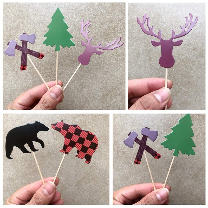 ALISSAR 30-Pack Lumberjack Cupcake Toppers, Buffalo Plaid Baby Bear Tree