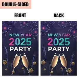Vokupoga New Year 2025 Party Garden Flag 12x18 Inch Double Sided Outside Champagne Fireworks Garden Flags for Yard Lawn Garden Decor,Home Decorative,Festive Holiday Winter Yard Outdoor Decorative Flag