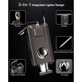 5-in-1 Multi-Functional Torch Lighter, Cutter and Punch, Needle, Holder, Luxury Gifts for Men Butane Refillable Windproof Lighter for Travel Black (Butane Gas not Included)