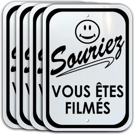 Sourire VOUS ÊTES FILMÉ (Pack de 4), 6.5 pouces par 9.5 pouces, aluminium, 24 heures vidéos signe. French smile on camera video surveillance sign. 6.5 inch by 9.5 inch, aluminum. (4 PACK)