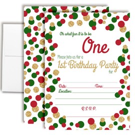 Christmas Invitations with Envelopes – Red Green and Gold Polka Dot 1st Birthday, 4 Pack 5x7 Double Sided Fill-In Invite Cards with Four White Envelopes Perfect for Christmas Birthday Parties
