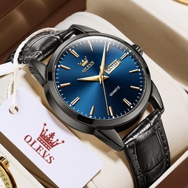 OLEVS Men Wrist Watches for Men Blue dial Black Leather Big Face Analog Quartz Calendar Day Date Waterproof Luminous Male Luxury Casual