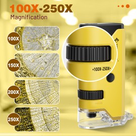 100x-250x Mini Pocket Microscope for Kids Adults, Protable Handheld Microscope with 5 Microscope Slides, Phone Adapter, Miniscope Portable Microscope Kit for Kids Adults Science Lab Education, Yellow