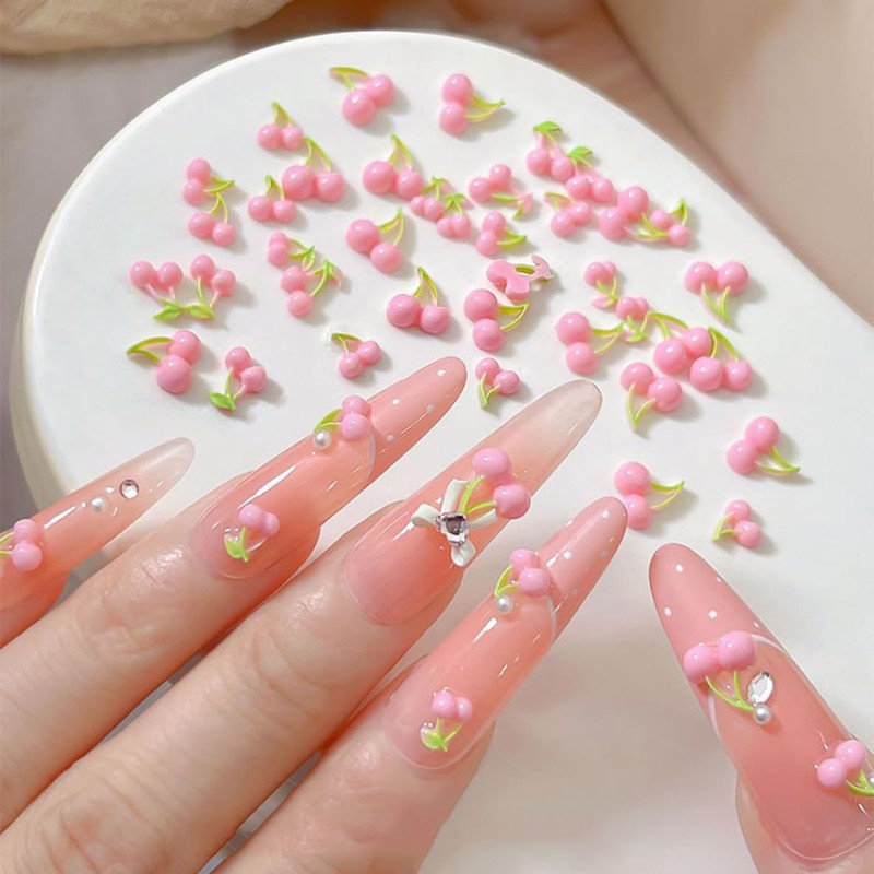 50Pcs Cherry Nail Charms 3D Pink Fruit Nail Supplies Spring
