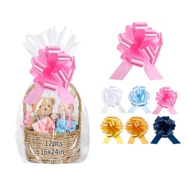 woric 12 PCS Clear Cellophane Gift Bags 16x24 Inch Easter Cellophane Wrap with 12 Pull Bows for Baby Shower Mothers Day Graduation Gifts Baskets Birthday 2.5 Mil Thick