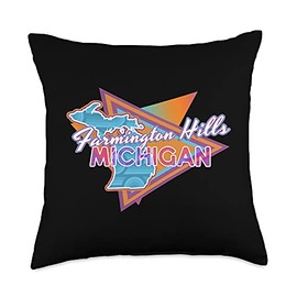 MI Hometown Classic 80s 90s Retro Souvenir Apparel Farmington Hills Michigan Vintage Retro Throwback Throw Pillow, 18x18, Multicolor