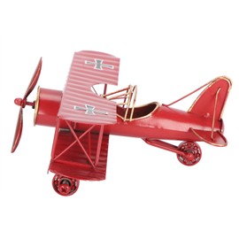 Iron Airplane Model Red Vintage Biplane Handicraft for Home Decoration Cafe Ornament
