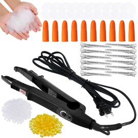Herramienta de Extensión de Cabello de Queratina de Fusión de Hierro Varita de Conector de Calor con Protector de Pegamento Fusión Plantillas Clips Pelo Protector de Dedos 2 Bolsas Cuentas (Negro)