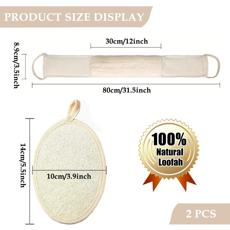 2-Piece Back Scrubber, Loofah Back Scrubber, Back Exfoliator, Back Loofah