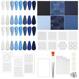 52PCS Sashiko Embroidery Kit with Threads, Needles, Thimble, Plastic Stencils, Denim Fabric and Water-Soluble Pattern Sheets for Beginners, DIY Stitching, Mending and Sewing