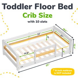 Montessori Floor Bed for Toddlers – Crib-Sized Toddler Bed with 2 Openings, Low Height Wooden Frame – Safe & Breathable Design - White