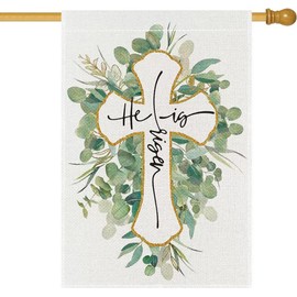 LHSION He is Risen House Flag 28 x 40 Inch Happy Easter Cross Religious Decorative Double Sided Burlap Flag for Spring Farmhouse Yard Outdoor Holiday Decoration