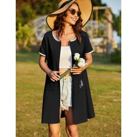 Ekouaer Women Zipper Front House Coat Short Sleeves Robe Zip Up Bathrobes Short Nightgown with Pockets S-3XL