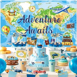 Adventure Awaits Decorations Banner Blue Travel Theme Party Banner Let The Adventure Begin World Map Decoration Airplane Banner Background for Birthday Graduation Baby Shower Retirement Party Supplies