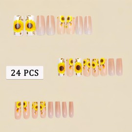 Sunflower Press-On Nails Medium Square False Nails Nude False Nails Bright Yellow Flower Pattern Glossy Full Cover Stick-On Nails Women's Nail Art Decorations 24 pcs