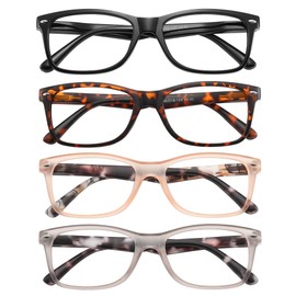 Przene Reading Glasses for Men Women Rectangle Blue Light Blocking Readers Spring Hinges Lightweight Style Pack (Black,demi brown,light brown,grey, 1.5, x)