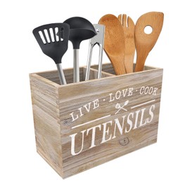 Karisky Kitchen Utensil Holder for Countertop, Farmhouse, Solid Real Wood, Utensil Holder with Removable Base, 2 Compartments, Utensil Pot, Cutlery Organizer for Kitchen, Natural