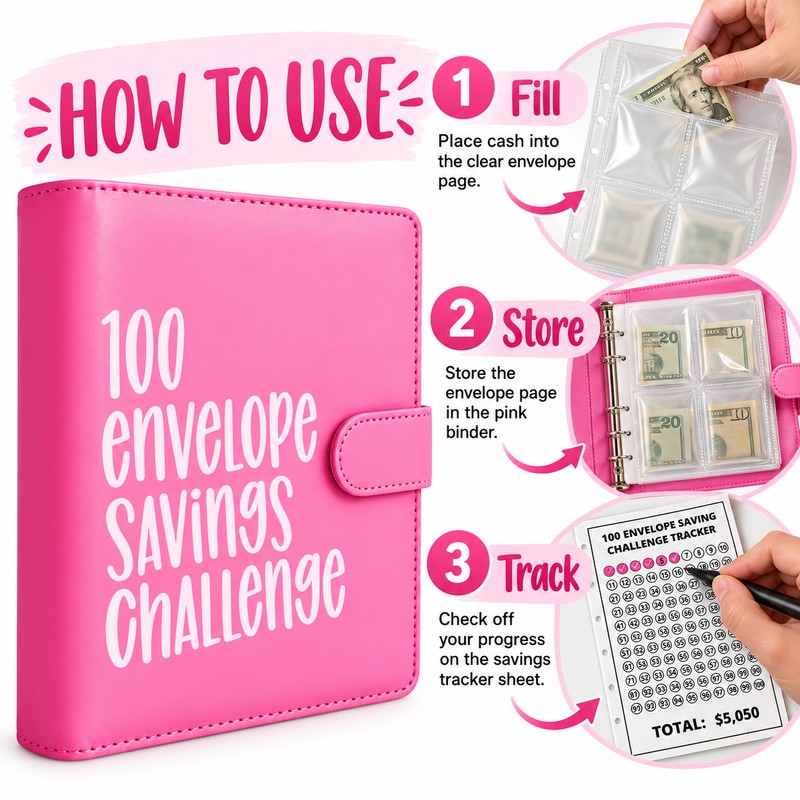 100 Envelope Savings Challenge Binder, 100 Day Money Saving Book