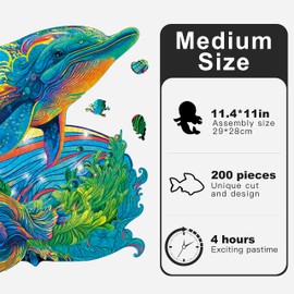 MYS Aurora Wooden Puzzles, Dolphin Jigsaw Puzzles 200 Pieces, Unique Shaped Wooden Puzzles for Adults and Kids, Family Game 11.4x11 Inch