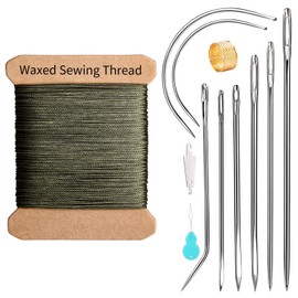 KAQRHFT Repair Sewing Kit, Upholstery Needle with 32 Yard Waxed Thread and 8 Pcs Heavy Duty Leather Needles for Hand Stitching, Canvas & Quilting - 0.55mm Round Waxed Thread Army Green