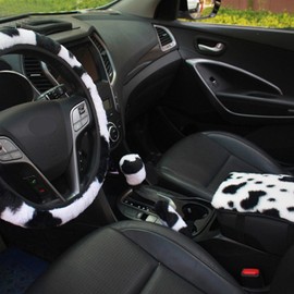 Hovom 4PCS Cow Print Car Accessories Set, Soft Fluffy Plush Cute Cowprint Accessories for Women Girls, Include Steering Wheel Cover, Handbrake Cover, Gear Cover, Armrest Cover (4PCS)
