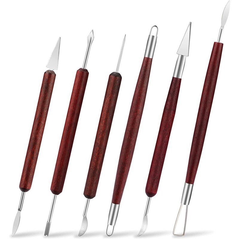 6-Piece Pottery Sculpting Tool Set with Wooden Handles