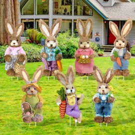 Memorywuu Easter Bunny Yard Signs Set of 7 Pack Vintage Rabbit Lawn Decorations Outdoor Bunny Yard Stake 15.7" Sisal Rabbit Easter Decor for Spring Garden Lawn Egg Hunt Party Decor